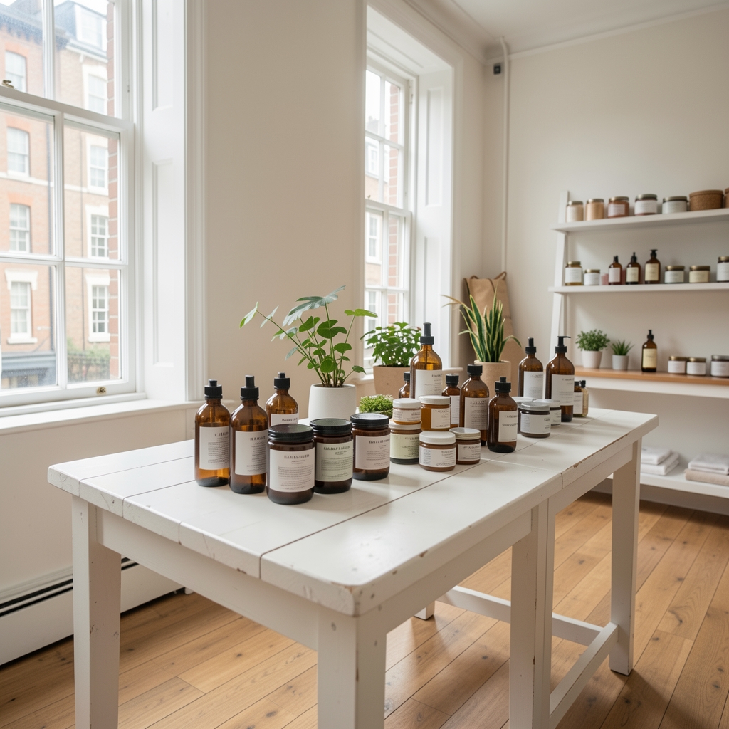 Wide shot of a wellness product curation studio in London, bottles and jars arranged on a white wooden table, morning light coming through tall windows