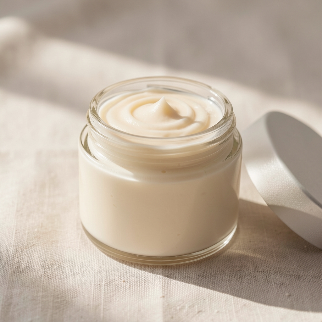 Glass jar of nourishing body cream on a pale linen surface, soft overhead natural light, editorial still life composition