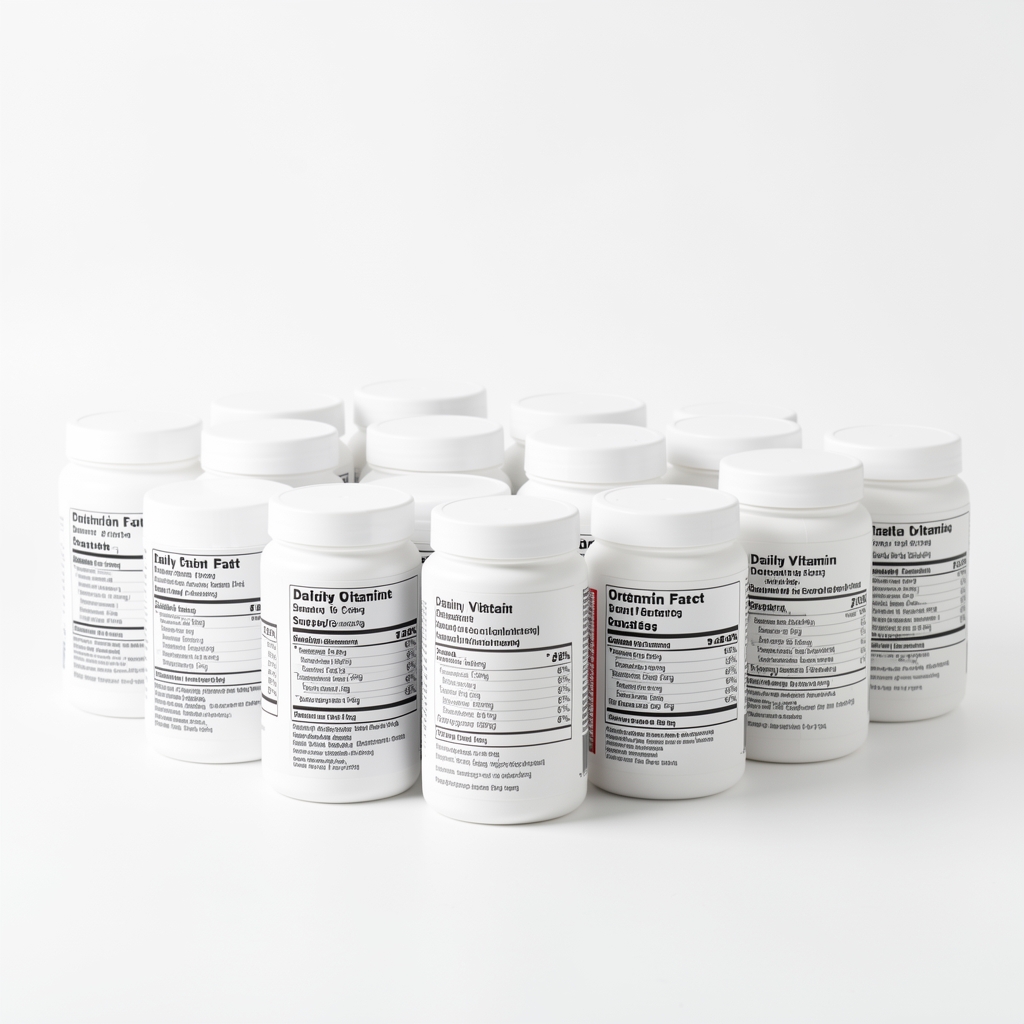 Organised row of daily vitamin supplement jars with printed ingredient labels, photographed against a clean white studio background