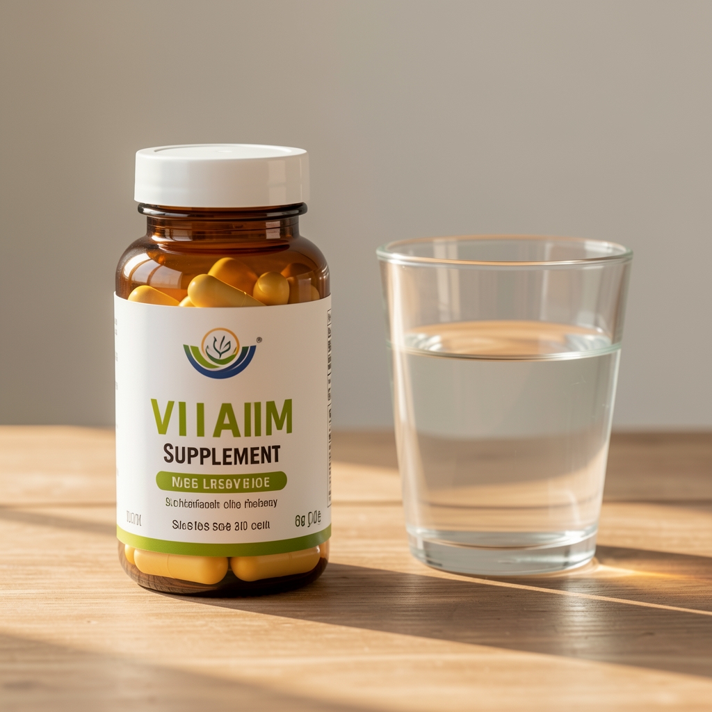 Daily vitamin supplement bottle on a wooden surface beside a glass of water, warm natural light, clean background